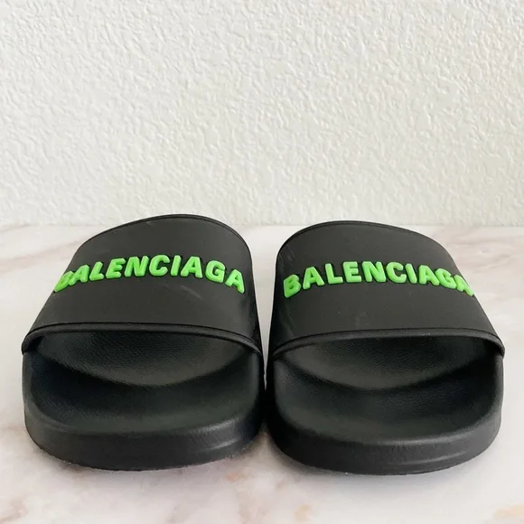 BALENCIAGA || Women’s Pool Slides In Black/Fluo Green - Picture 2 of 14